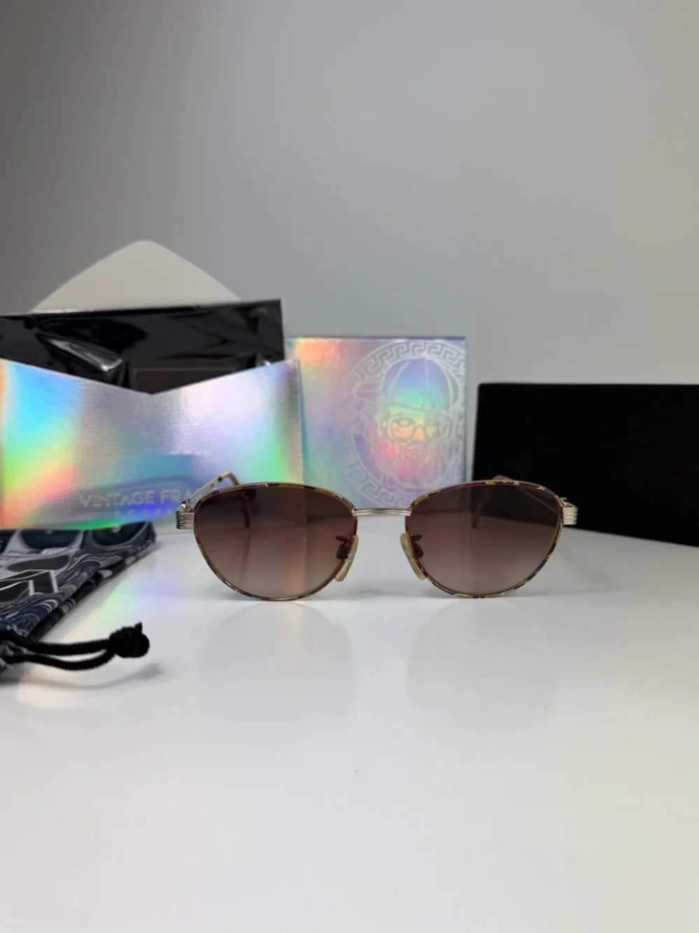 VTG DeadStock FENDI VL7011 Roman Coin Custom Sunglasses Gold Blue Tortoise Set